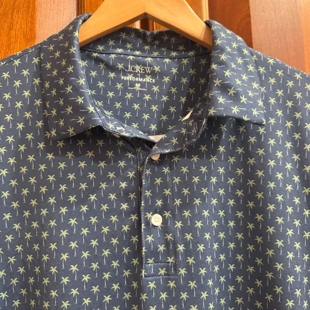 J.Crew Performance Men's Blue Lime Green Palm Tree Print Polo Shirt Medium
